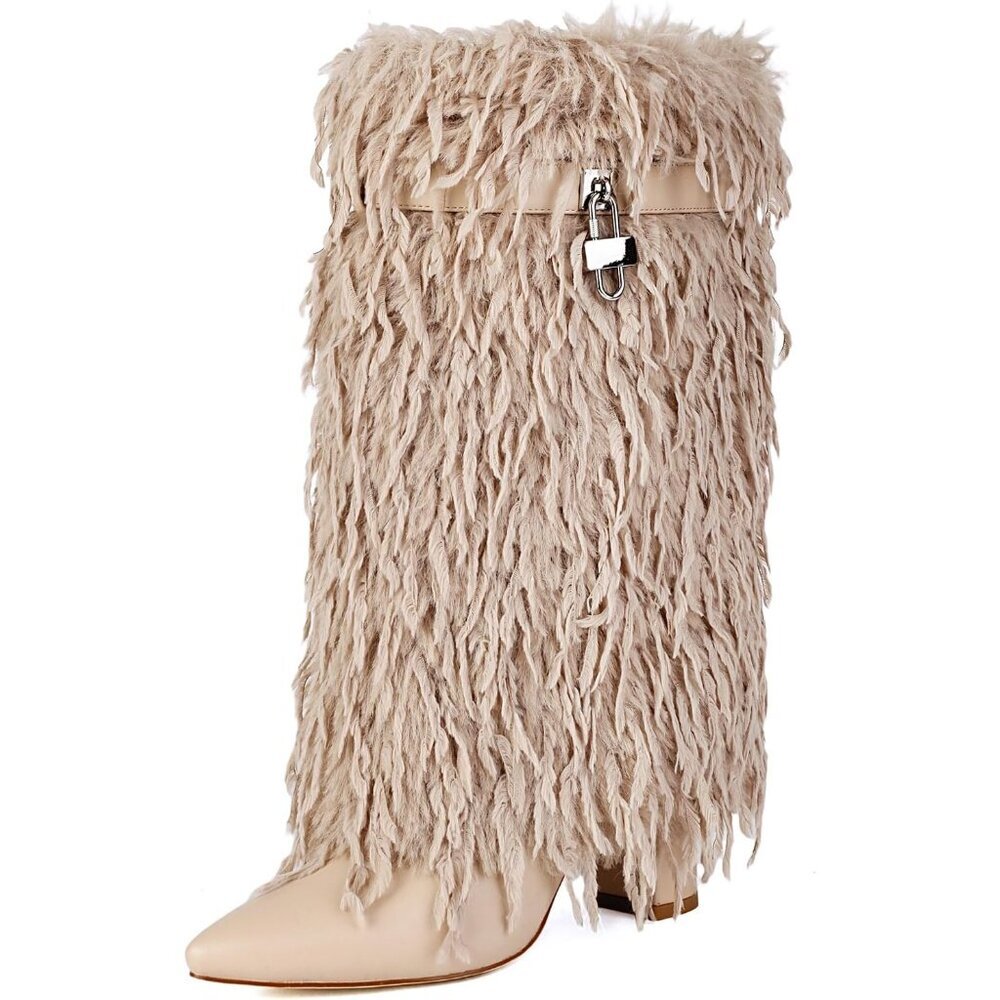 ⚡Women's Apricot Fold Over Faux Fur Mid Calf Boots Chunky Heel Point Toe